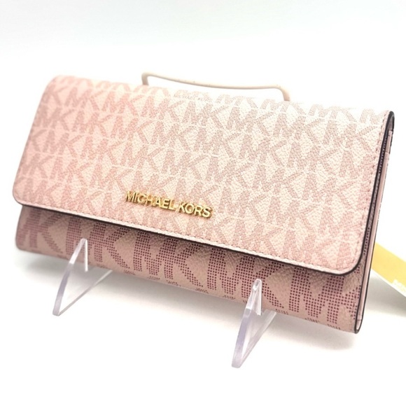 Michael Kors Jet Set Large Signature Logo TriFold Wallet Powder Blush Multi - Picture 1 of 9